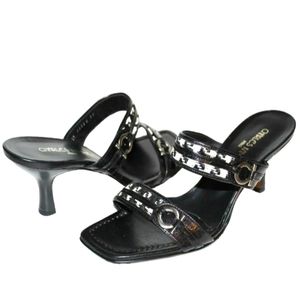 New Charles Kammer Paris Tweed Black Leather Square-Toe Heeled Sandal 7.5 US 38